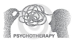 Psychotherapy concept illustration with hands untangling messy snarl knot, vector illustration with particle divergent photo