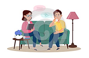 Psychotherapy counseling concept. Woman psychologist  and young man patient in therapy session.