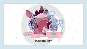 Psychotherapy doctor helps female patient with her problems. Mental disorder, human brain, mind health. Vector web site
