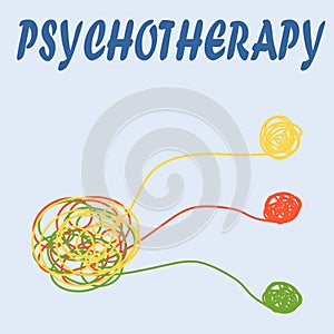 Psychotherapy illustration with hands and tangled thread, illustration