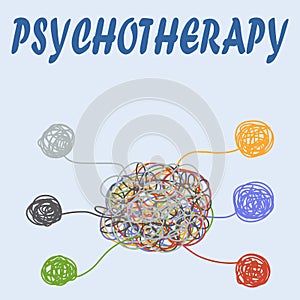 Psychotherapy illustration with hands and tangled thread, illustration