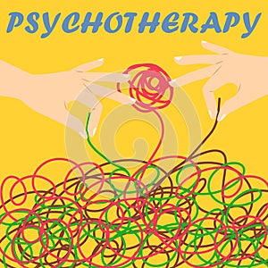 Psychotherapy illustration with hands and tangled thread, illustration.