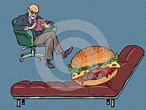 A psychotherapy session with a burger. Overeating and obesity problems photo