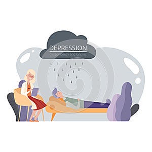 Psychotherapy session, psychological help. Depressed man and psychotherapist vector illustration
