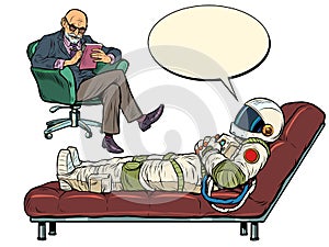 A psychotherapy session. The psychotherapist sees a astronaut, the patient is lying on the couch