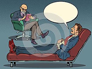 A psychotherapy session. The psychotherapist sees a businessman man, the patient is lying on the couch