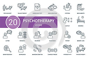 Psychotherapy set icon. Contains psychotherapy illustrations such as online therapy, drug addiction, medicaments and