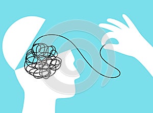 Psychotherapy. Therapist hand unravels tangle of psychological problems in patient head. Mental disorder, anxiety and