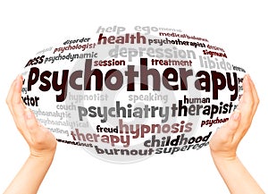 Psychotherapy word cloud hand sphere concept