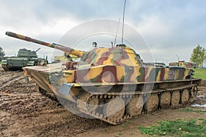 PT-76 Soviet light floating tank in the Belarusian museum complex Stalin Line