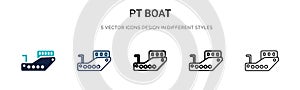 Pt boat icon in filled, thin line, outline and stroke style. Vector illustration of two colored and black pt boat vector icons