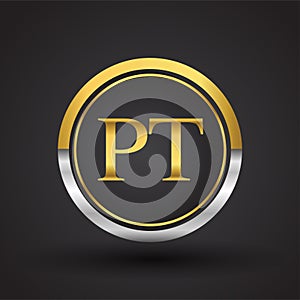 PT Letter logo in a circle, gold and silver colored. Vector design template elements for your business or company identity