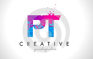 PT P T Letter Logo with Shattered Broken Blue Pink Texture Design Vector.