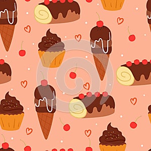 Seamless pattern cartoon chocolate dessert. cute food wallpaper for textile, gift wrap paper