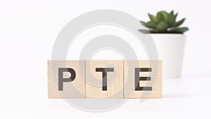 PTE - Pearson Tests of English - acronym on wooden cubes on white background. business concept