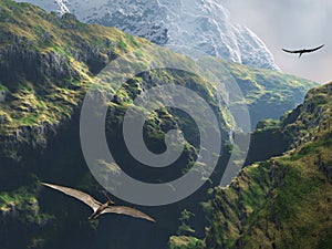 Pteranodon flying through the canyon