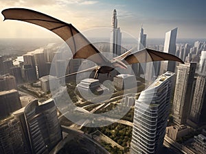 Pteranodon living in modern times, landscape of tall buildings