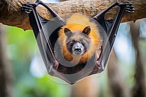 Pteropus vampyrus or large flying fox bat handing on a tree, close-up view.