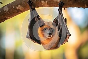 Pteropus vampyrus or large flying fox bat handing on a tree, close-up view.