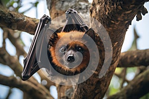 Pteropus vampyrus or large flying fox bat handing on a tree, close-up view.