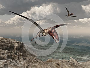 Pterosaur Dimorphodon flying over a coastal landscape