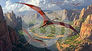 A of pterosaurs glide gracefully above a winding river taking a short to reach their next destination