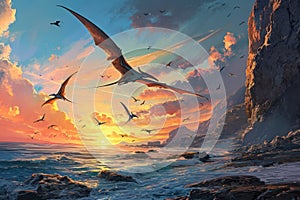 Pterosaurs gliding over ocean at sunset, against the vivid sky above rugged coastal cliffs