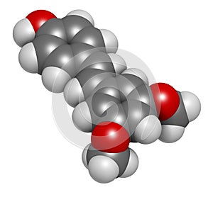 Pterostilbene 3D rendering. Atoms are represented as spheres with conventional color coding: hydrogen white, carbon grey,.