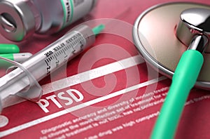 PTSD. Medical Concept on Red Background. photo