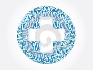 PTSD - Posttraumatic Stress Disorder word cloud collage, health concept background photo
