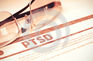 PTSD - Printed Diagnosis on Red Background. 3D Illustration. photo