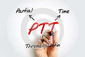 PTT - Partial Thromboplastin Time is a blood test that looks at how long it takes for blood to clot, acronym text concept