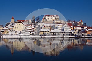 Ptuj, Slovenia and Drava river on sunny winter day