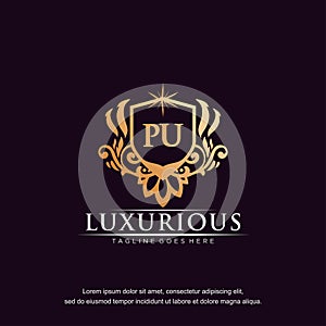 PU initial letter luxury ornament gold monogram logo template vector art