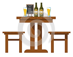 Pub or bar table with beer and chairs isolated icon