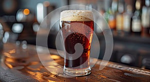 Pub counter with glass of craft dark red ale beer in old brewery.Macro.AI Generative