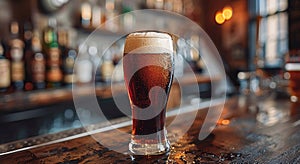 Pub counter with glass of craft dark red ale beer in old brewery.Macro.AI Generative