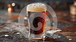 Pub counter with glass of craft dark red ale beer in old brewery.Macro.AI Generative