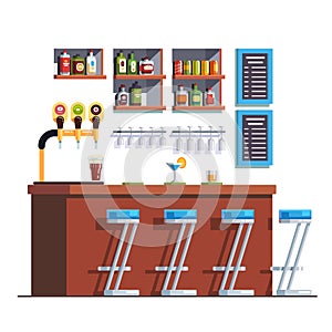 Pub with counter, stools, drinks and glass bottles