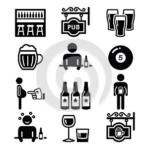 Pub, drinking alcohol, beer belly icons set