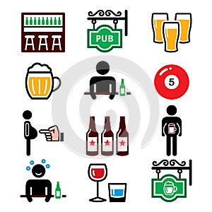 Pub, drinking alcohol, beer belly vector icons set - weekend entertainment, meeting spot to drink beer with friends