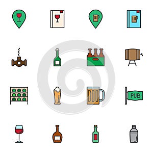 Pub drinks filled outline icons set