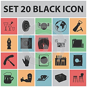 Pub, interior and equipment black icons in set collection for design. Alcohol and food vector symbol stock web