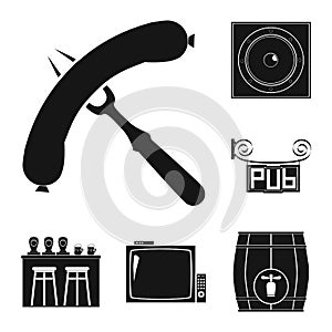 Pub, interior and equipment black icons in set collection for design. Alcohol and food vector symbol stock web