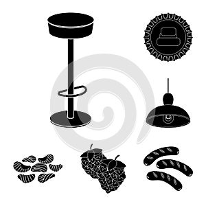 Pub, interior and equipment black icons in set collection for design. Alcohol and food vector symbol stock web