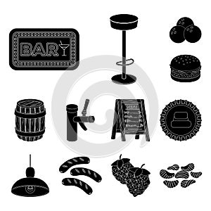 Pub, interior and equipment black icons in set collection for design. Alcohol and food vector symbol stock web