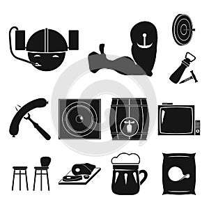 Pub, interior and equipment black icons in set collection for design. Alcohol and food vector symbol stock web