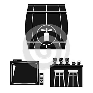 Pub, interior and equipment black icons in set collection for design. Alcohol and food vector symbol stock web