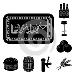 Pub, interior and equipment black icons in set collection for design. Alcohol and food vector symbol stock web