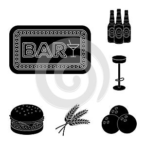 Pub, interior and equipment black icons in set collection for design. Alcohol and food vector symbol stock web